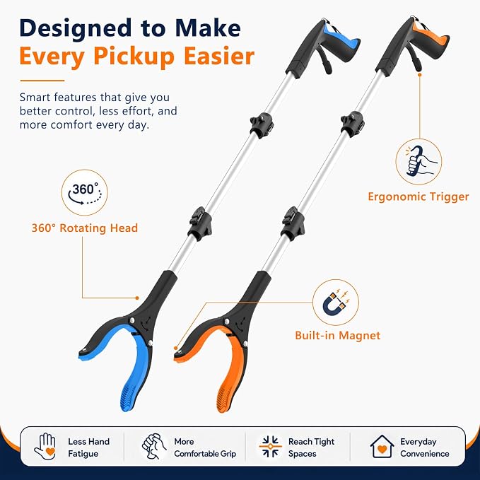 36 Inch Foldable Grabber Reacher Tool, 2 Pack for Seniors | Standing aid, grabbers for seniors 5'5"-5'10". Aluminum, folds to 12.5 in, reaches 36 in. Reacher grabber pickup tool, 2-pack