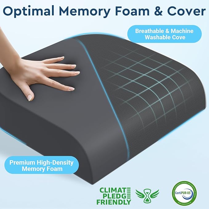 Seat Cushion, Memory Foam Office Chair Cushion, Gray, Large | Office Desk Accessories, Butt Pillow for Long Sitting Sciatica, Coccyx, Tailbone, Hip Pain Relief - for Home, Car, Airplane