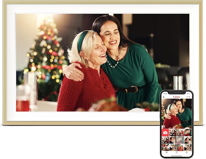 Frameo 15.6 inch Digital Picture Frame, Large Digital Photo Frame WiFi, 32GB Capacity, 1920 * 1080 IPS FHD Touch Screen, Electronic Picture Frame Slideshow, Wall-Mounted, Gifts for Mom, Women, Golden