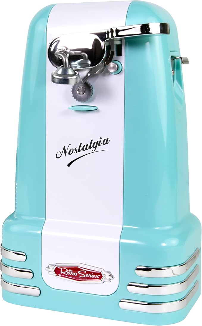 Nostalgia Retro Electric Can Opener for Kitchen with Magnetic Lid Remover, Knife Sharpener, and Soda or Beer Bottle Opener, Aqua