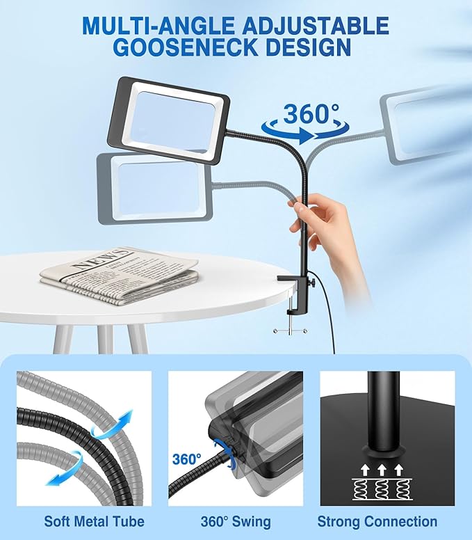 MoKo 10X Floor Magnifying Glass with Light and Stand, 7-Inch Lens | Floor magnifying lamp has a flexible gooseneck, 60 LEDs, 5 color modes and a 3-in-1 floor or desk design.
