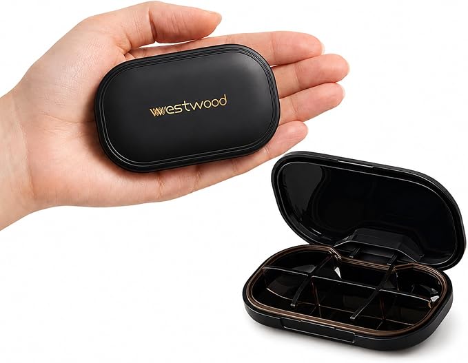 HyJeryty 6-Compartment Pill Organizer - Small Compact Travel Pill Case for Vitamins, Medication and Supplements - Portable Black Medicine Pill Box with Stylish Design