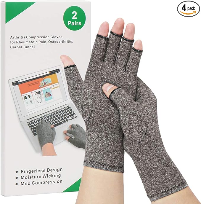 2-Pair Arthritis Compression Gloves for Alleviate Rheumatoid Osteoarthritis, Carpal Tunnel Raynauds Disease, Fingerless Design Breathable & Moisture, Women and Men (Gray, Large)