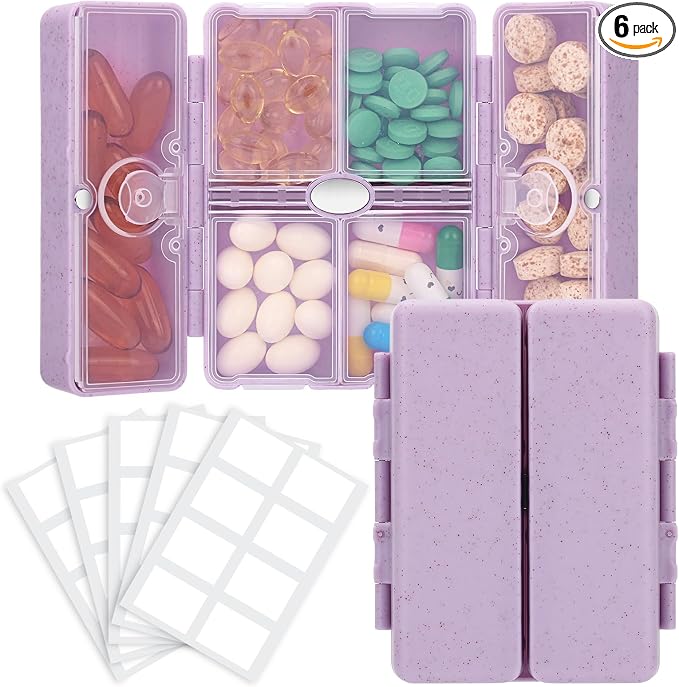 FYY Travel Pill Organizer with Blank Lables,6 Compartments Magnetic Pill Organizer Pill Box for Purse Pocket to Hold Vitamins,Cod Liver Oil,Supplements and Medication-Purple