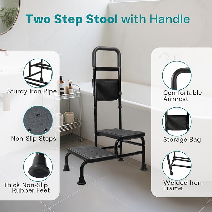 Step Stool with Handle – 2 Step Foot Stool for Adults, Non-Skid Bed Steps for High Beds, Adjustable Handrail with Night Light & Storage Bag, Safe Step Stool for Seniors & Elderly