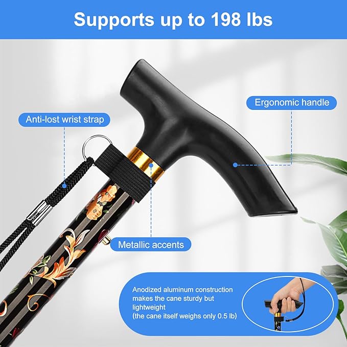 supregear Folding Cane, 5-Level Adjustable Height Walking Stick Lightweight Collapsible Portable Travel Cane with Wrist Strap and T Handle for Elderly Disabled Men Women