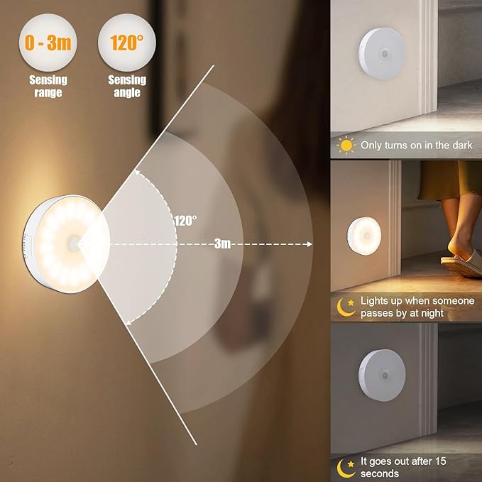 Motion Sensor Light Indoor, 6 Pack Upgraded Night Light - Warm White | 14 LEDs, USB Rechargeable, 3 Light Modes & Long Last Battery, Cordless Magnetic Nightlight for Bedroom, Closet, Hallway