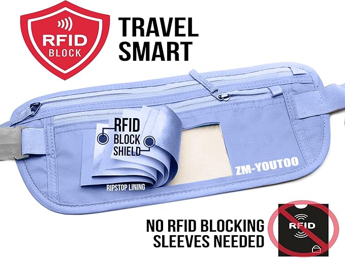 Money Belt for Travel - Hidden Travel Pouch Protect Your Credit and Money With RFID Blocking Passport Holder Waist Wallet (Azure)
