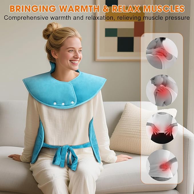 Heating Pad for Back Neck Shoulders, Large Wearable Relax Muscles, Birthday Gifts for Women Men Mom Dad Elderly, 3 Heat Settings/2-Hour Safe Auto-Off, 24"×37" Ergonomic Fit Design-Blue
