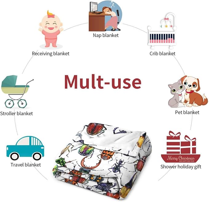 Beetle Baby Blanket 30x40 Inches - Ultra Soft Bugs Print Flannel Throw Blankets - Colorful Insect Nursery Blanket for Infants & Toddlers - Crib & Stroller Blanket - Bug Lover Gift for Kids