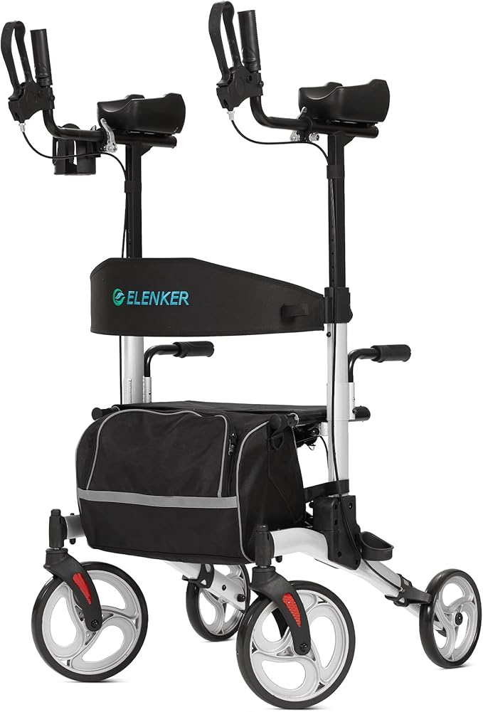 ELENKER Upright Walker, Stand Up Folding Rollator Walker with 10” Front Wheels Backrest Seat and Padded Armrests for Seniors and Adults, Silver