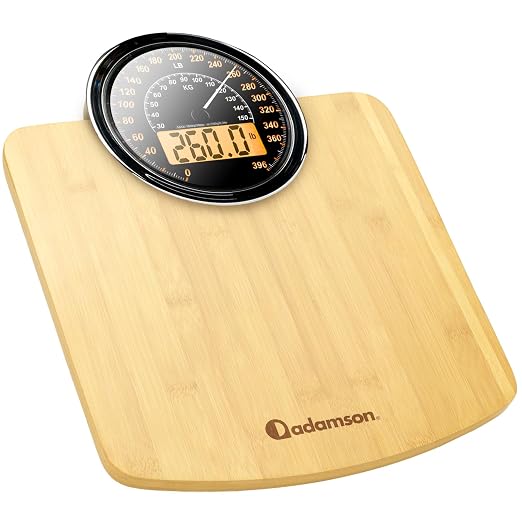 Hybrid Bathroom Scale - Analog & Digital Display, Accurate to 400 lbs | See weight on both an analog dial and digital LCD at once. Wide glass platform, accurate to 0.2 lbs, batteries included.