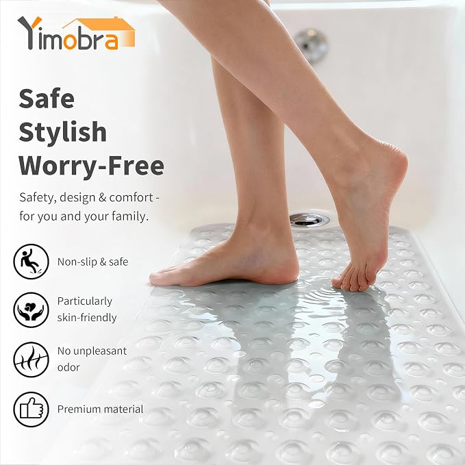 Yimobra 2-Pack Non Slip Bathtub Mat 40 x 16 Inch, Extra Long Shower Mat with Drain Holes, Machine Washable Baby Bath Mats, Strong Suction Cups for Bathroom Floor, Clear