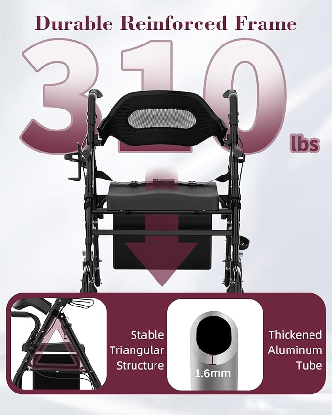 Walkers for Seniors with Seat, 2 in 1 Rollator Walker & Transport Chair with Reversible Backrest & Detachable Footrests, Folding Wheelchair with 8" Anti-Slip PU Wheels, Black