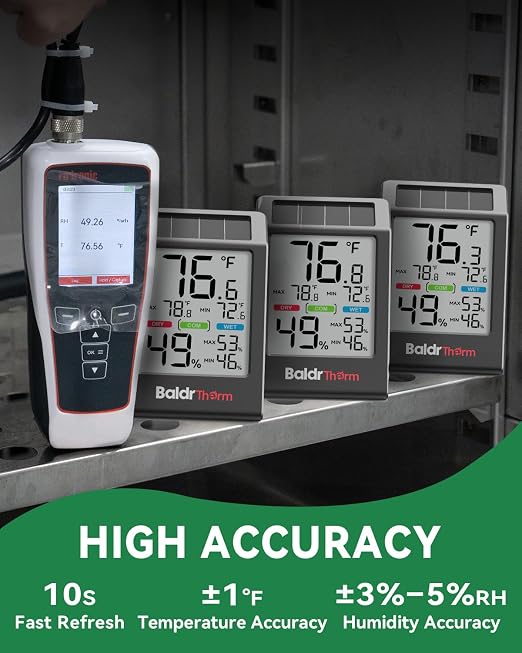 BALDR Solar Indoor Thermometer Hygrometer, Max/Min, Comfort Meter（Black） | Solar & Battery Dual Power |No Setup or App Required |Clear Comfort Level Indicator |Flexible Desk or Wall Placement