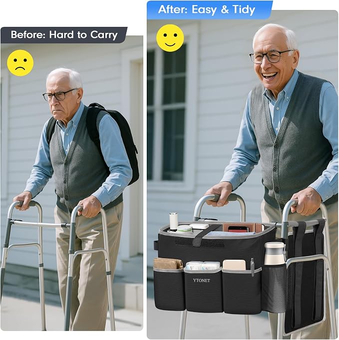 Ytonet Walker Basket with Tray, Detachable Walker Tray for Folding Walkers | Large Capacity Storage Baskets with Phone and Crutch Holder Water-Resistant Non-slip Walkers Accessories for Seniors Black