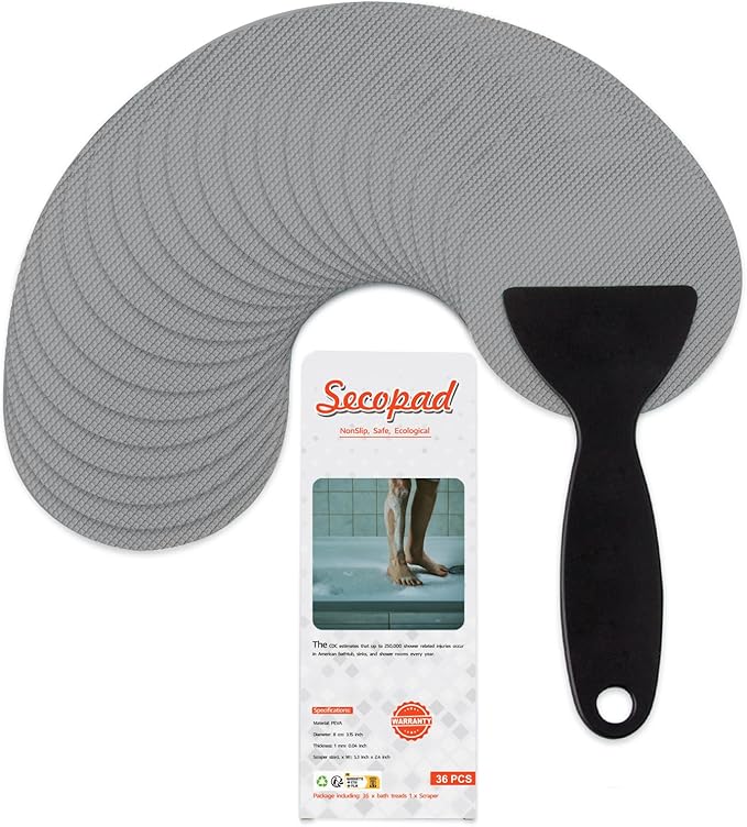 36PCS Bathtub Stickers Non-Slip, Safety Shower Treads Adhesive Appliques with Premium Scraper (Grey)