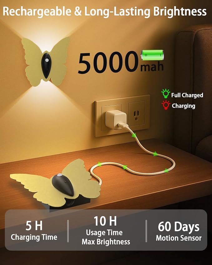 Eneru Motion Sensor Wall Sconce Set of 2, Rechargeable Wall Lights, Indoor | 5000mAh Battery Operated Wall Sconces, Motion Activated, Magnetic Butterfly Night Light for Hallway Stair Closet Pantry, Gold