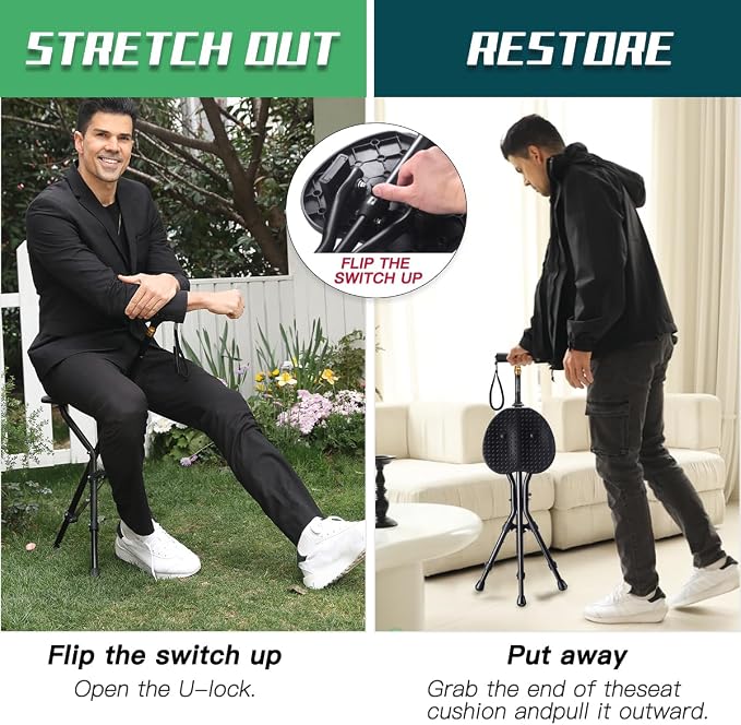 Anti-Slip Walking Cane with Seat Folding Lightweight,Walking Stick Height Adjustment,Portable and Sturdy Cane Chair for Travel Outdoor Use, Queuing, Elderly Women and Men