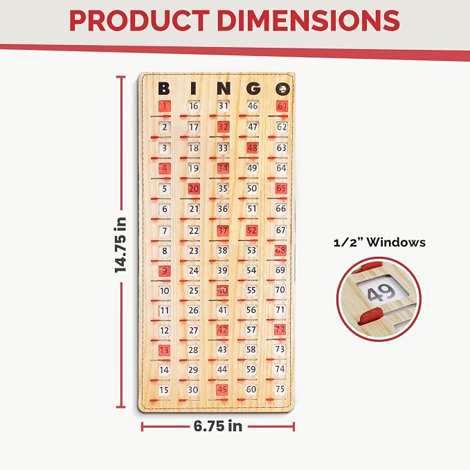 MR CHIPS Large 14.75" L x 6.75" W Jam-Proof Finger Tip Bingo Master Board Card with Large 3/4" Sliding Windows, Thick 5 Ply Cardboard, Tan Woodgrain Style, Perfect for Tracking Bingo Games