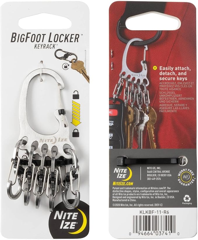 Nite Ize KLKBF-11-R6 Bigfoot Locker KeyRack, Carabiner Chain with 5 Stainless Steel Locking S-Biner Toes to Hold Keys Separately + Securely, 1, Silver