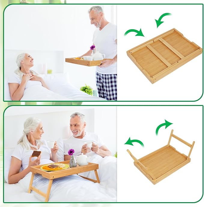 Artmeer Bamboo Bed Tray Table with Device Slot, Folding Legs, Large, Bamboo | FSC-certified bamboo bed tray with folding legs, device slot and handles for meals, laptops, reading and serving in bed.