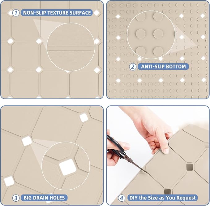 Shower Mat Non Slip 21"x21" Silicone Foldable Bath Mat with Suction Cups & Drain Holes, Odorless, Eco-Friendly & Durable, Machine Washable Shower Stall Mat for Adults, Seniors Beige