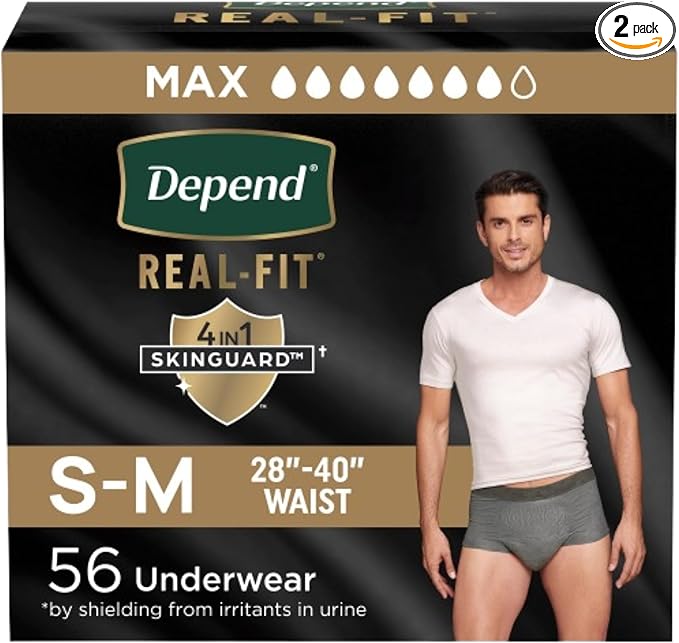 Depend Real Fit Adult Diapers, Incontinence Underwear for Men, Disposable, Maximum Absorbency, Small/Medium, Grey, 56 Count (2 Packs of 28), Packaging May Vary