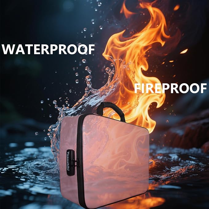 Yuanshikj Portable Fireproof Waterproof Document Organizer with Lock,Pink | 3 digit Code,15.1"x11.2"x4.3",Heat Insulated Fire＆Water-Resistant Box 13 Layers File, Home Travel Safe Storage for Important