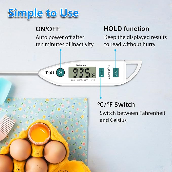 BOMATA Digital Water Thermometer for Liquid, Meat, Cooking, IPX7 Waterproof | Instant Read Food Thermometer, 5in Long Probe for Candle, Water, Meat, BBQ! T101 (White Color)…