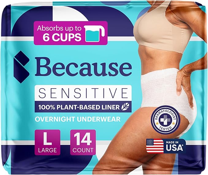 Because Adult Incontinence Underwear for Sensitive Skin - Women - Premium Overnight Disposable Briefs, Anti Odor - White, Large - Absorbs 6 Cups - 14 Count (Pack of 1)