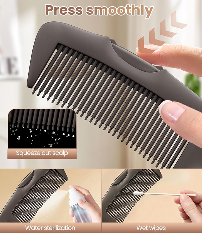 Dandruff Comb Removal 2PC Hollow Fine Tooth Scalp Detox Hair Care Tool | Upgraded Stainless Steel Teeth, with Gift Box, Build up Flake, Self Cleaning, Button-Release Design, for Women Men Kid, Brown