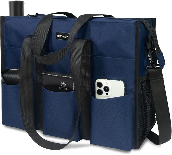 TOPDesign Utility Water Resistant Tote Bag with 22 Pockets, Top Zipper Closure & Thick Bottom Support, for Working Women