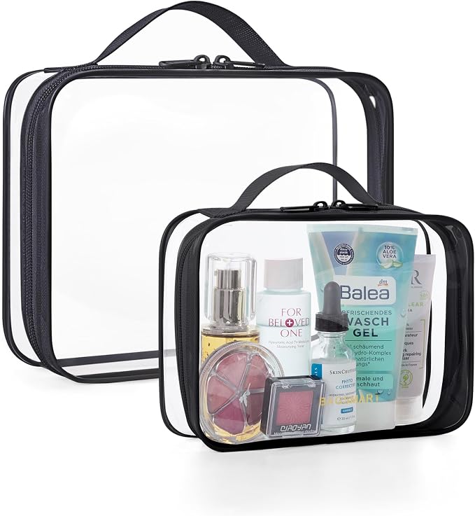 BAGSMART Clear Toiletry Bag with Handle 2-Pack TSA Approved, Black | Water-resistant Travel Toiletry Bag, Carry On Travel Accessories Bag, Airport Airline Quart Size Bags Women Men, Makeup Bag