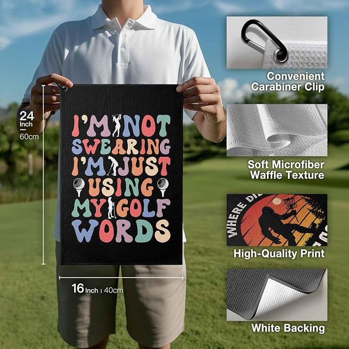 Ladies Golf Towel with Clip,Funny Golf Bag Accessories for Women,Using My Golf Words 16"x24"inch Microfiber Golf Towel,Golf Gifts for Mom Grandma Dad, Birthday Christmas Retirement Golfer Gifts Black