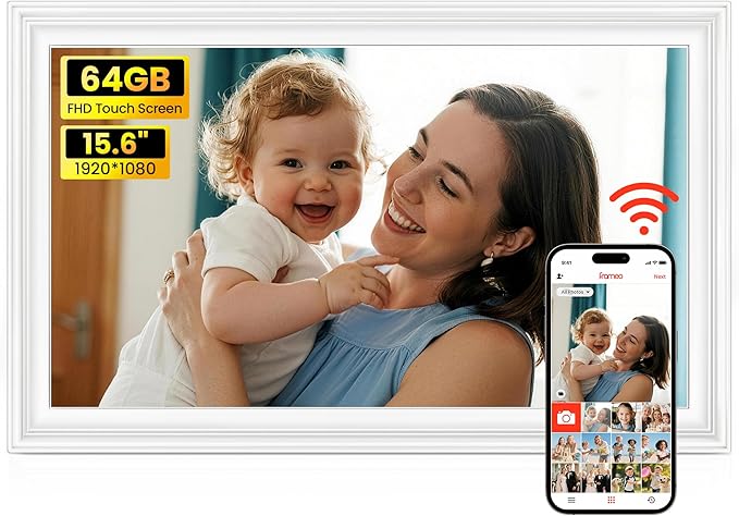 64GB Frameo 15.6" Digital Picture Frame Large 1920 x 1080 IPS FHD Touch Screen WiFi Electronic Photo Frames Share Moments Instantly Anywhere Best Gifts for Parents and Grandparents White