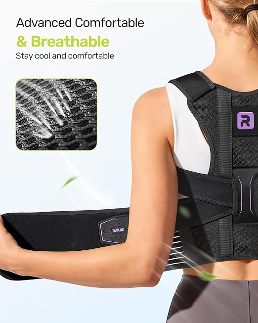 Rakiie Posture Corrector for Women Men, 4 Full Back Support Brace Bars, Adjustable Shoulder Straightener with Cushioned Pads for Hunchback, Round Shoulders, Back Pain Relief, Purple XL