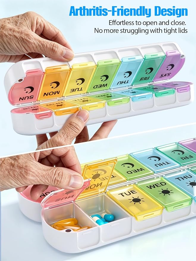 Gelibo Pill Organizer 2 Times a Day,Magnetic Foldable Weekly AM PM Pill Case, Large Travel Pill Box for Vitamins,Supplements,Medication Organizer 7 Day,Never Spill Pills,Easy to Open for Arthritis