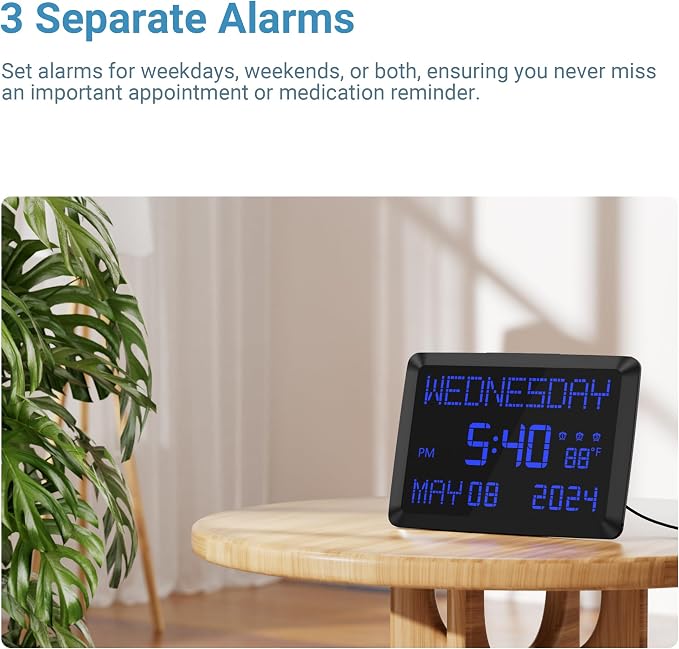 11.5” Extra Large Digital Wall Clock with Date and Day of Week , Electric Desk Clock for Seniors, Large Display Alarm Clock for Bedroom with Battery Backup, 5 Dimmer, 2 USB Ports, Indoor Temp, 12/24H