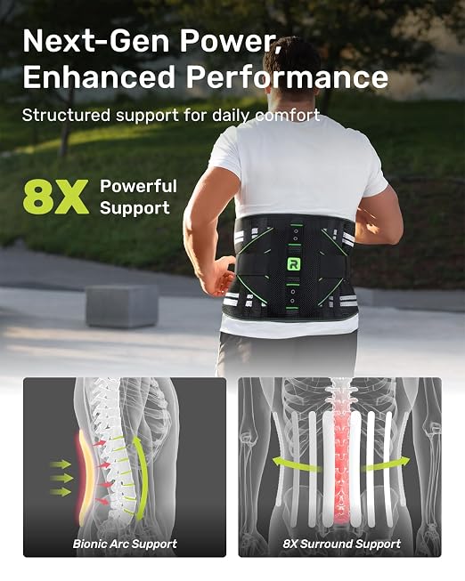 Rakiie Back Brace for Women Men, Integrated Lumbar Support, Breathable Soft Mesh Fabric and 8 Stays All-round Support, Durable Back Support With Lumbar Support Pad for Home & Lifting At Work, Green Size L