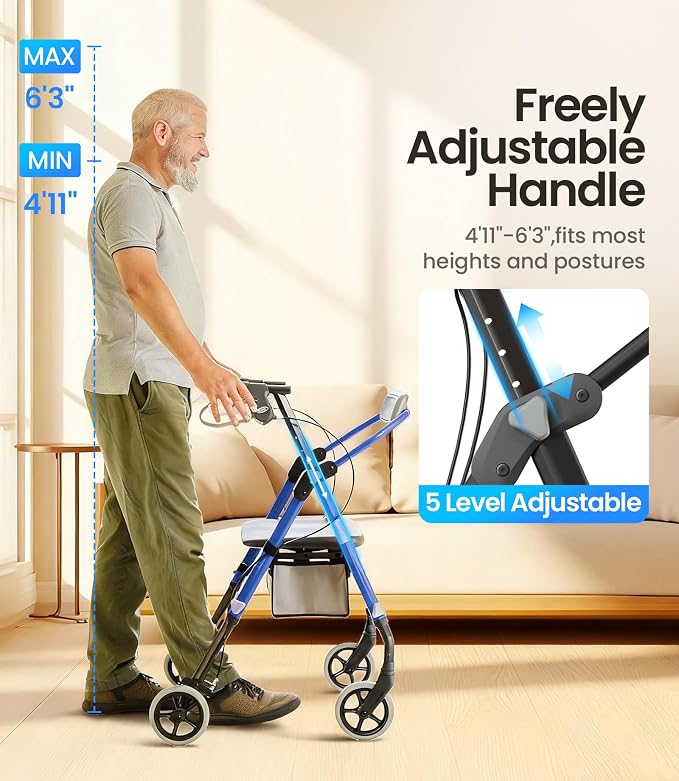 VOCIC Z11 Rollator Walker for Seniors with Seat, 380 LBS | Lightweight Design with Ergo Seat & Backrest, Height Adjustable & Easily Foldable for Seniors' Mobility, Blue