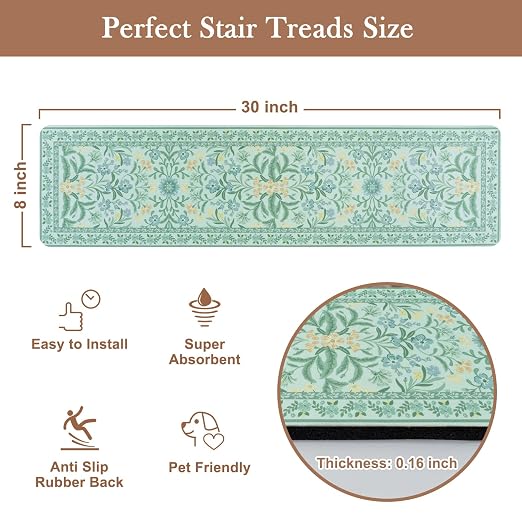 OJIA Blue Stair Treads Non Slip 15PCS 8"x30" Stair Runners for Wooden Steps | Floral Rubber Carpet Stair Treads Stair Runner Indoor Mats Residue-Free Staircase Step Treads for Kids, Elders, Pets