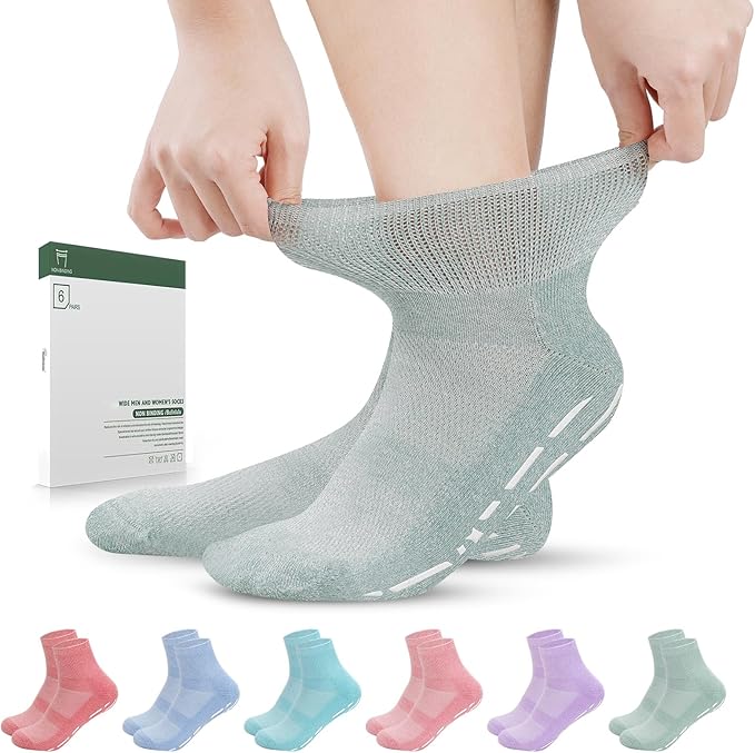 Bulinlulu Bamboo Viscose Diabetic Socks with Grippers for Men Women -6 Pairs Non Binding Ankle Slipper Socks Size 6-9 9-12
