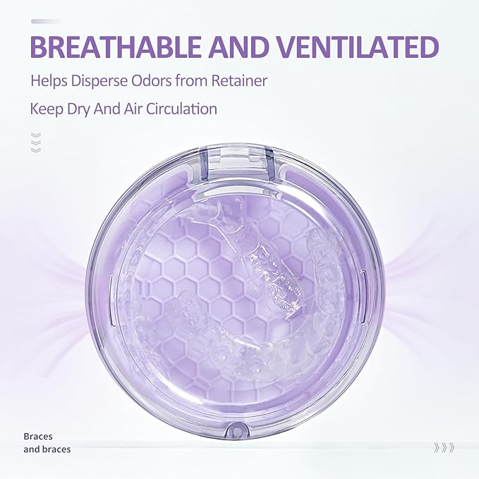 Retainer Case Slim Aligner Case with Vent Holes Cute Dental Brace Box with Retainer Removal Tool and Brush Compatible with Night Guard and Mouth Guard (Clear Purple)