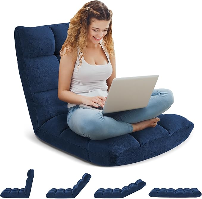 Folding Floor Gaming Chair 14-Poistion Cushioned Adjustable Floor Lazy Sofa Chair w/Breathable Cotton & Skin-Friendly Velvet for Adults & Kids Perfect for Reading Gaming Meditating, Darkblue