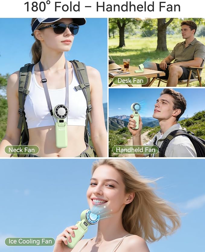 Portable Handheld Fan, USB Fan with Turbo & Ice Cooling, 5-Speed 4000mAh Rechargeable, 3-in-1 Mini Electric Fan, Lightweight & Compact for Outdoor, Camping, for Men & Women -Green