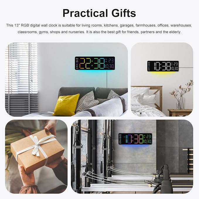 JoFomp LED Digital Clock Large Display with RGB Color Remote Control, 13" Large Digital Wall Clocks for Living Room Decor, Digital Alarm Clock with Temp/Timer/DST/Dimmer/Ambient Light - 12/24H