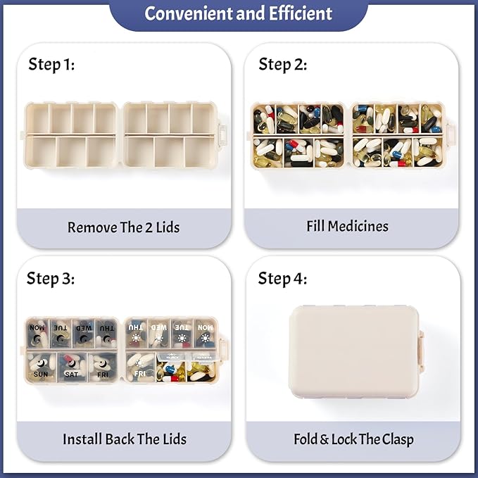Foldable & Portable Weekly Pill Organizer 2 Times a Day with Clear Printed Labels - 7 Day AM PM Medicine Box, Week Daily Travel Pill Meds Case Holder for Medications, Vitamin, Supplement - Khaki