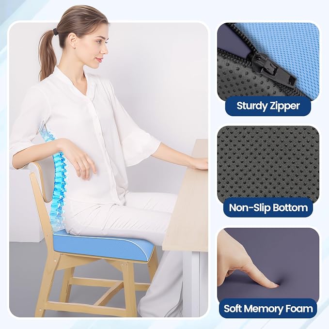 SweetSlubr Seat Cushion for Tailbone Pain Relief, Office Chair Cushion, Memory Foam Large Chair Pad with Non-Slip Cover for Soft Support at Office Chair, Car Seat, Airplane Light Blue/X-Large