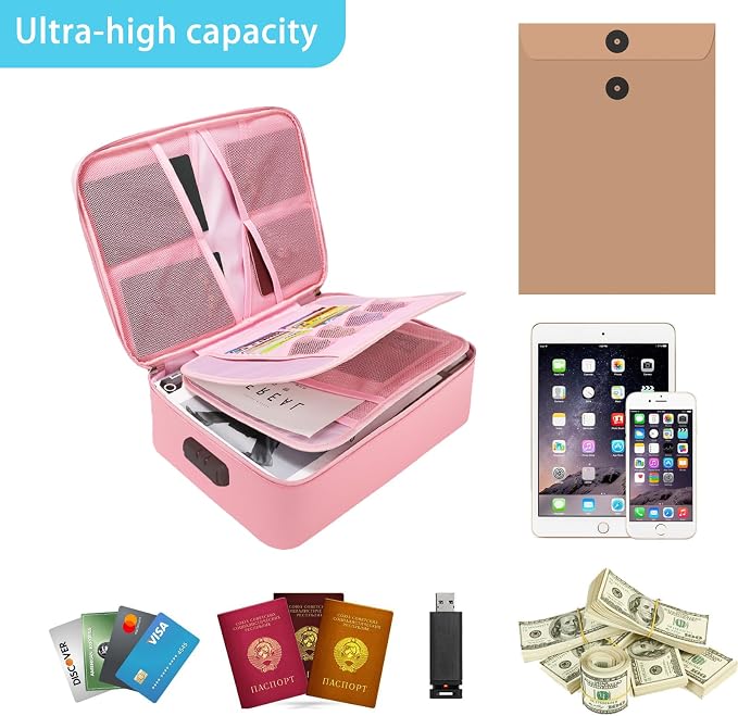 Fireproof Bag with Lock, Waterproof Fireproof Document Organizer for Safe Storage – Large Capacity File Storage Case for Home, Office, and Travel (pink)